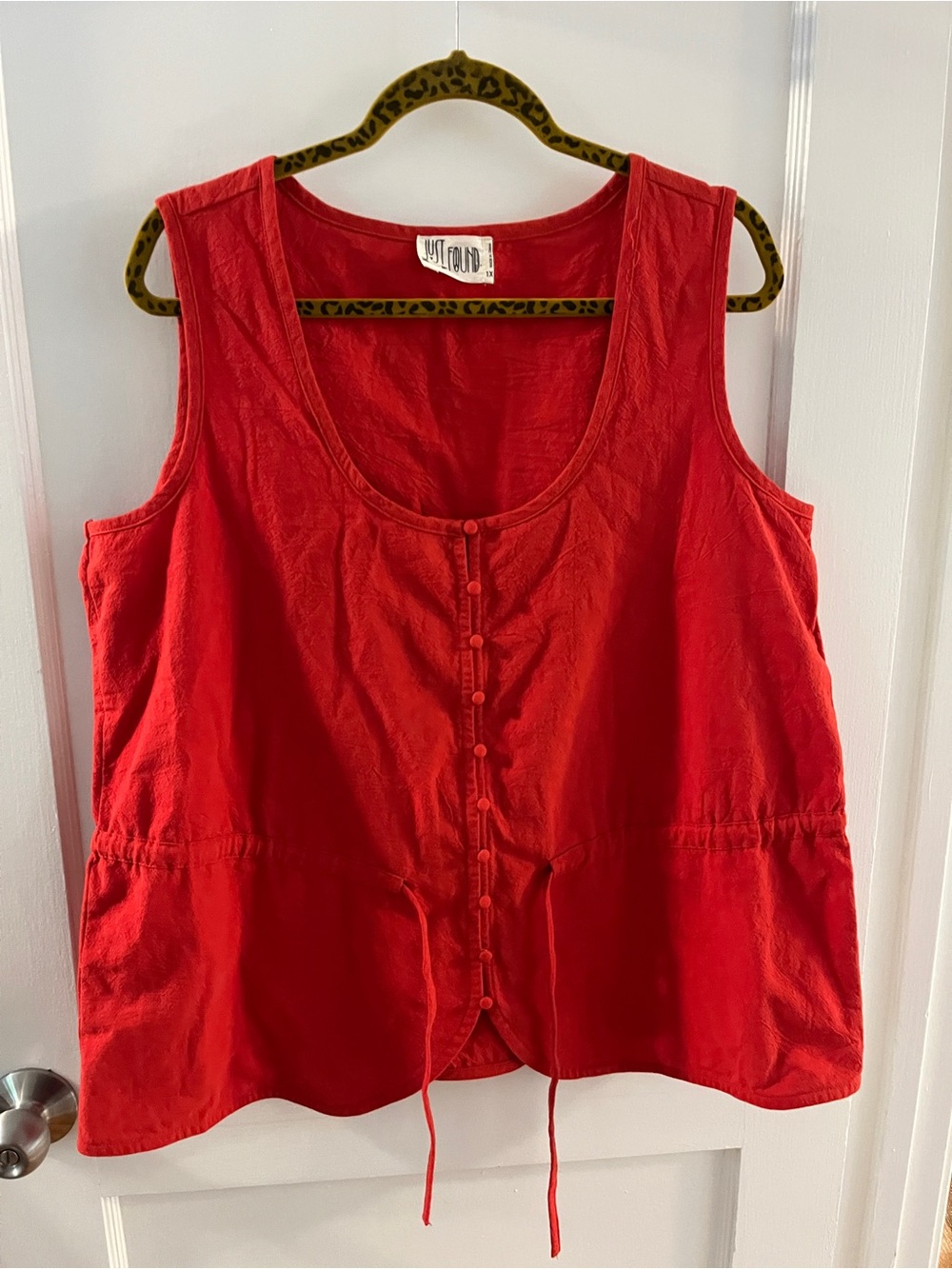 Red Button-Front Cotton Tank Cinched Waist